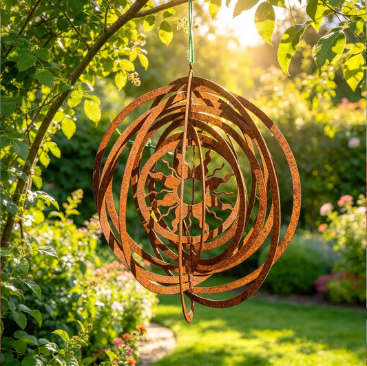 Neu !! Windspiel Sonne ø 18 cm aus Metall in Edelrost Gartendeko Balkon Fensterschmuck