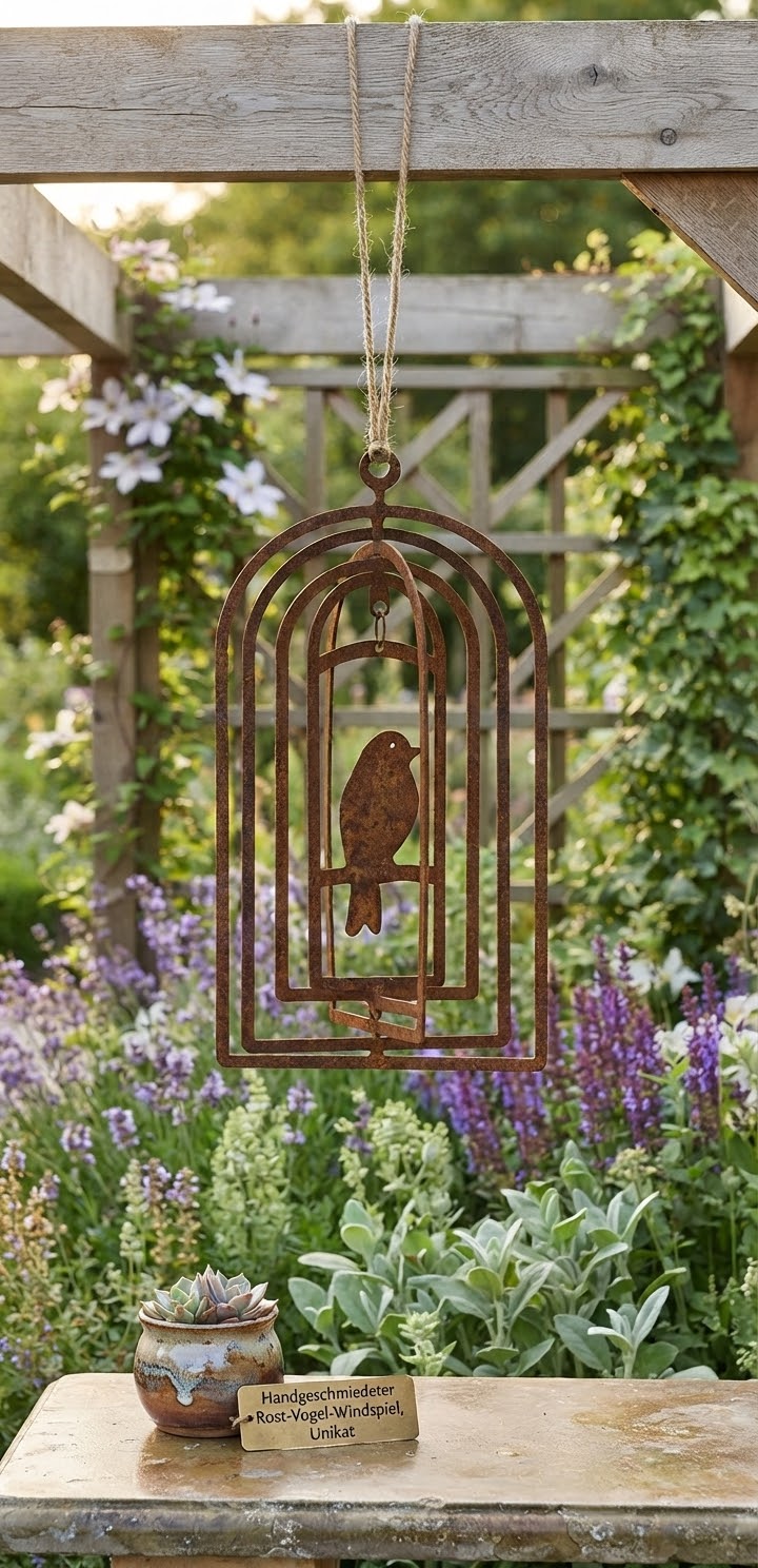Neu !! Windspiel Vogel  22 cm hoch aus Metall in Edelrost Gartendeko Balkon Fensterschmuck