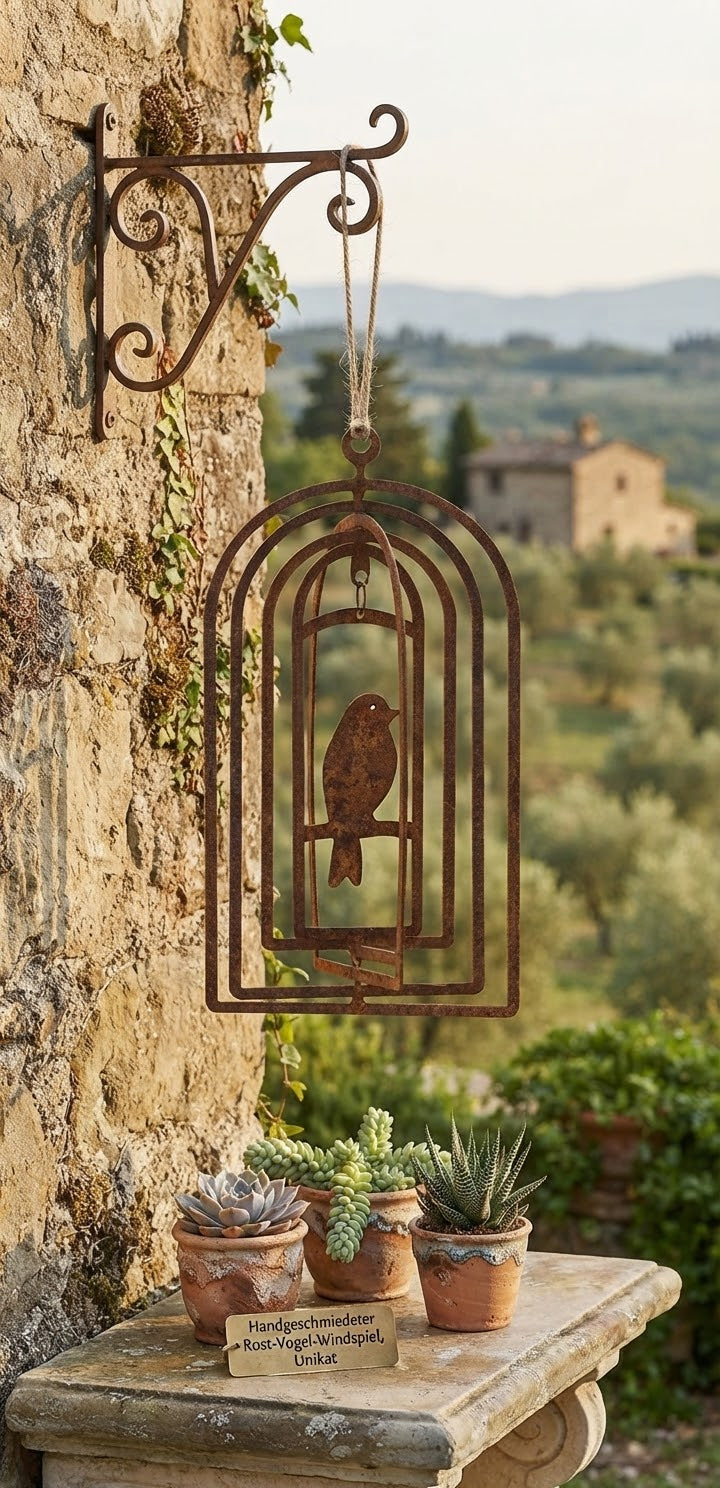Neu !! Windspiel Vogel  22 cm hoch aus Metall in Edelrost Gartendeko Balkon Fensterschmuck