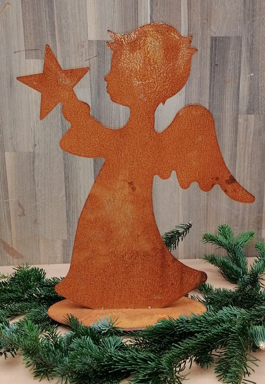 NEU !! Engel mit Stern und Flügel ca. 50 cm hoch aus Metall in Edelrost, Weihnachtsdeko Advent Trauer