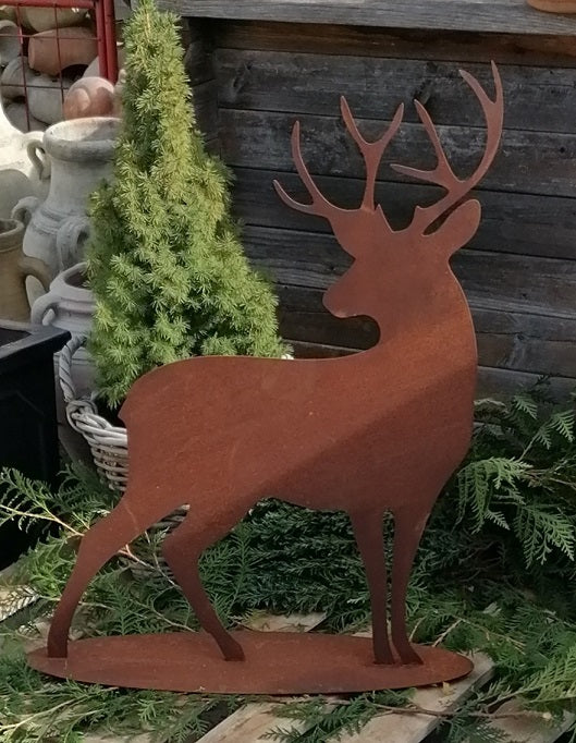 NEU !! Großer Hirsch ca. 70 cm hoch auf Platte, standfest und robust aus Metall in Edelrost Weihnachten Deko Wald Geweih Försterei