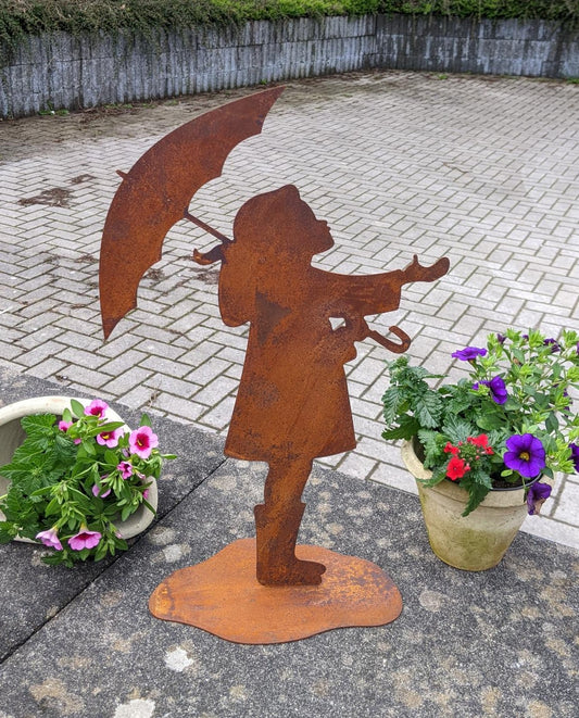 NEU !! Mädchen mit Regenschirm ca. 50 cm hoch aus Metall in Edelrost Dekoration Herbst Frühling