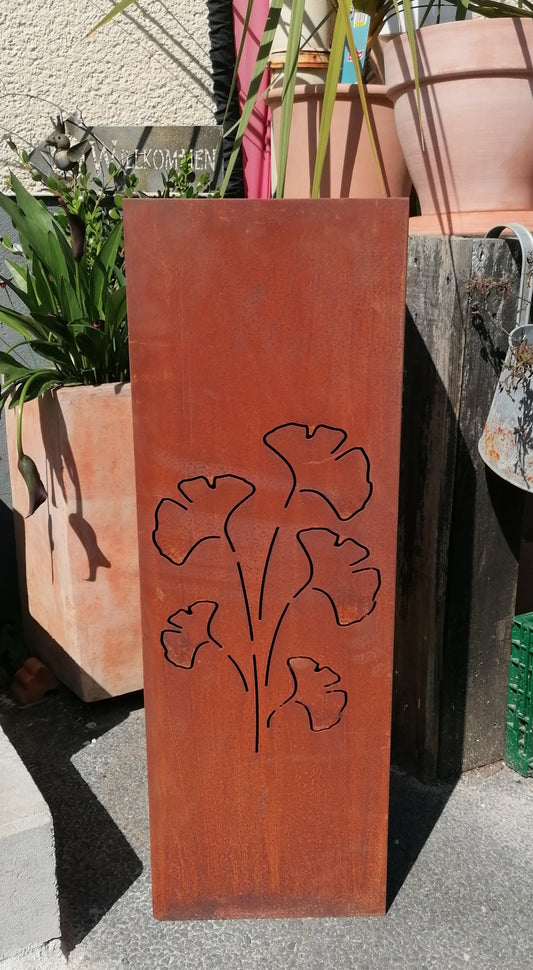 Neu !! Säule / Schalenständer 80 cm hoch mit Ginkoblätter aus Metall in Edelrost