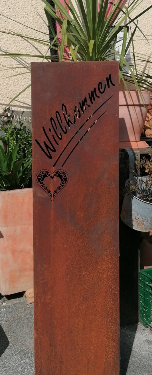 Neu !! Säule / Schalenständer 110 cm hoch mit Schriftzug "Willkommen" und Herz aus Metall in Edelrost Deko Haustür