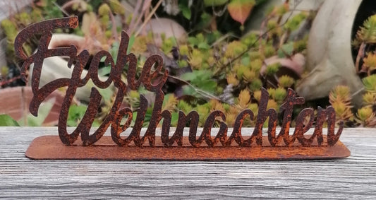 NEU !! Kleines Schild "Frohe Weihnachten " auf Platte ca. 20 cm breit aus Metall in Edelrost Weihnachten Deko Weihnachtsdeko