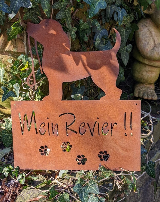 NEU !! Schild Mein Revier !! m. Hund und Leine 38 cm x 32 cm aus Metall in Edelrost Deko Tafel Schriftzug Pfotenabdrücke Hundebesitzer Türschild