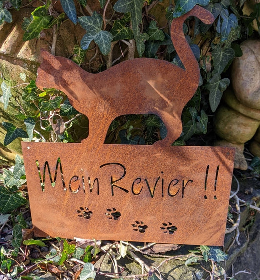 NEU !! Schild Mein Revier !! mit Kätzchen 38 cm x 32 cm aus Metall in Edelrost Deko Tafel Schriftzug Pfotenabdrücke Katzenbesitzer Türschild