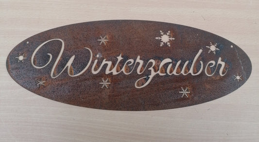 NEU !! Schild " Winterzauber " mit Schneeflocken / Eiskristallen ca. 40 cm breit aus Metall in Edelrost Deko Weihnachtsdeko Winter Weihnachten Advent
