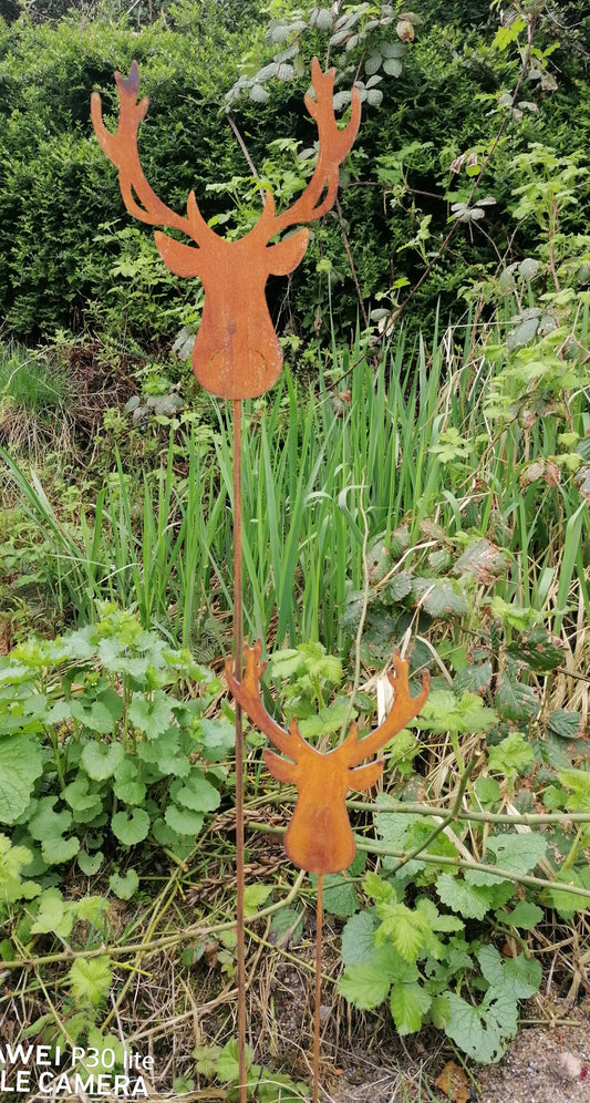 NEU !! 2er Set Gartenstecker Elchkopf 115 + 64 cm lang aus Metall in Edelrost Rankhilfe Deko Geweih Wald Weihnachten Jäger Hirsch