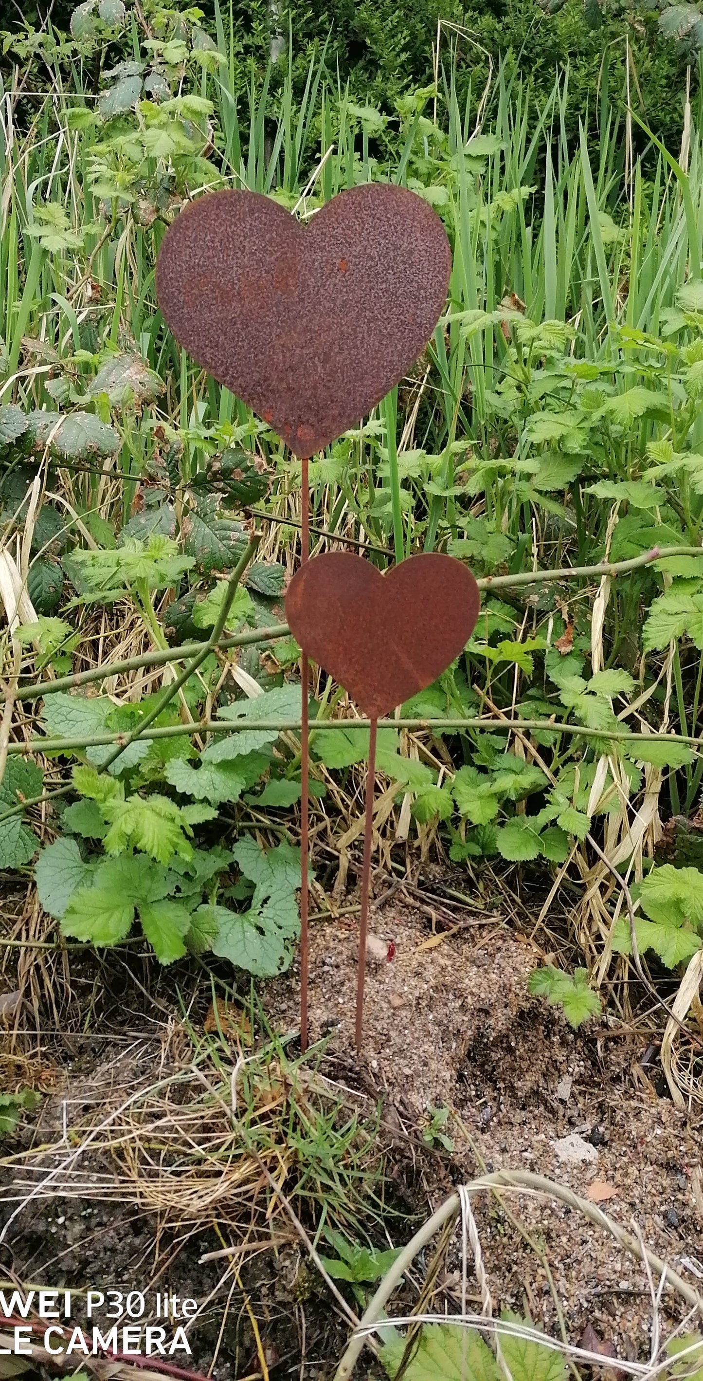 NEU !! 2er Set Gartenstecker Herz 70 +45 cm lang aus Metall in Edelrost Rankhilfe Deko Liebe Hochzeit Muttertag Valentinstag