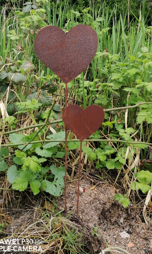 NEU !! 2er Set Gartenstecker Herz 70 +45 cm lang aus Metall in Edelrost Rankhilfe Deko Liebe Hochzeit Muttertag Valentinstag