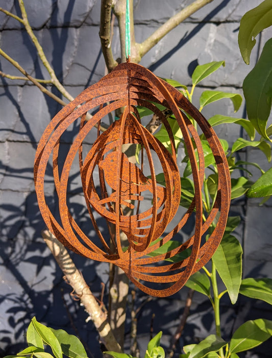 Neu !! Windspiel Vogel - Spatz ø 18 cm aus Metall in Edelrost Gartendeko Balkon Fensterschmuck