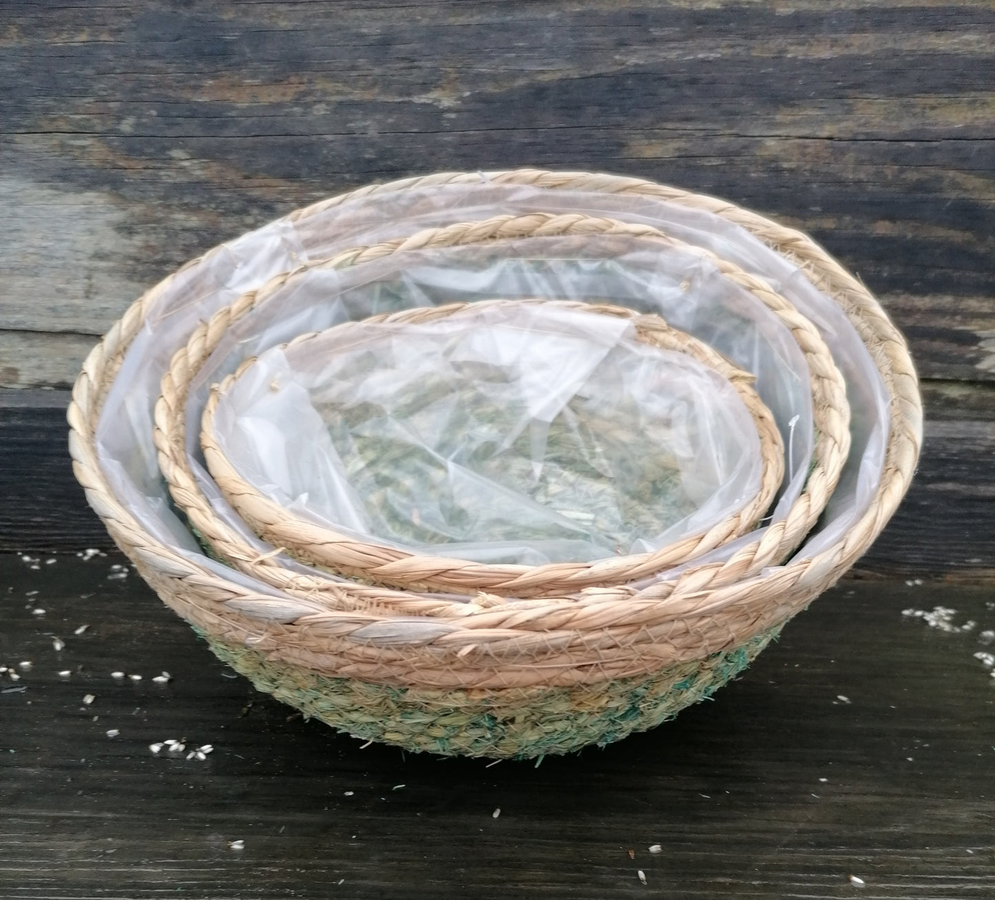 Neu !! 3er Set Pflanzschalen Durchmesser ca. 28 , 26 und 21 cm aus grünen Seegras - Naturprodukt