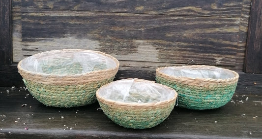 Neu !! 3er Set Pflanzschalen Durchmesser ca. 28 , 26 und 21 cm aus grünen Seegras - Naturprodukt