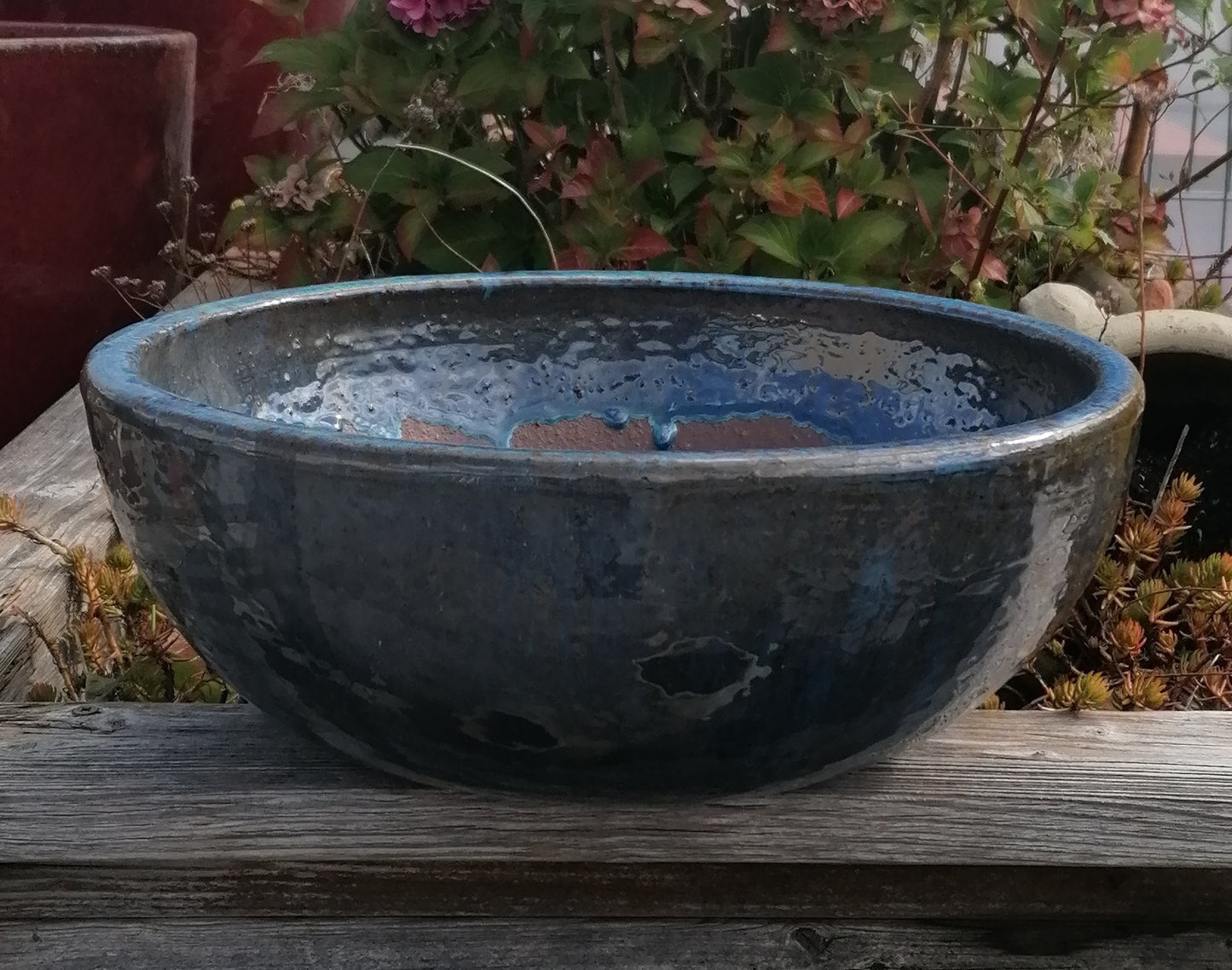 NEU ! B-Ware ! Schöne Schale ø 38 cm aus Steinzeug blaugrau glänzend glasiert  , Pflanztopf Blumenkübel Blumentopf Grabschale Bonsai