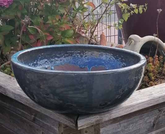 NEU ! B-Ware ! Schöne Schale ø 38 cm aus Steinzeug blaugraugrün glänzend glasiert  , Pflanztopf Blumenkübel Blumentopf Grabschale Bonsai