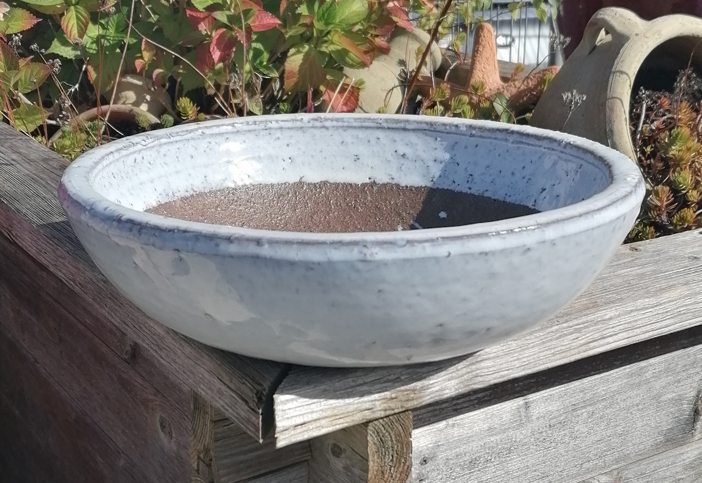 NEU ! B-Ware ! Flache Schale ø 31 cm aus Steinzeug weiß glänzend glasiert  , Pflanztopf Blumenkübel Blumentopf Grabschale