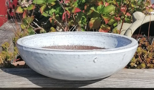 NEU ! B-Ware ! Flache Schale ø 31 cm aus Steinzeug weiß glänzend glasiert , Pflanztopf Blumenkübel Blumentopf Grabschale