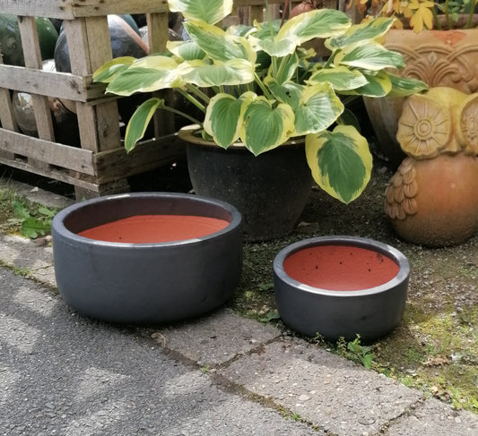 NEU !! 2 er Set Pflanzschalen ø 21 cm +ø 30 cm aus Steinzeug grau/anthrazit matt glasiert  , Pflanztopf Blumenkübel Blumentopf