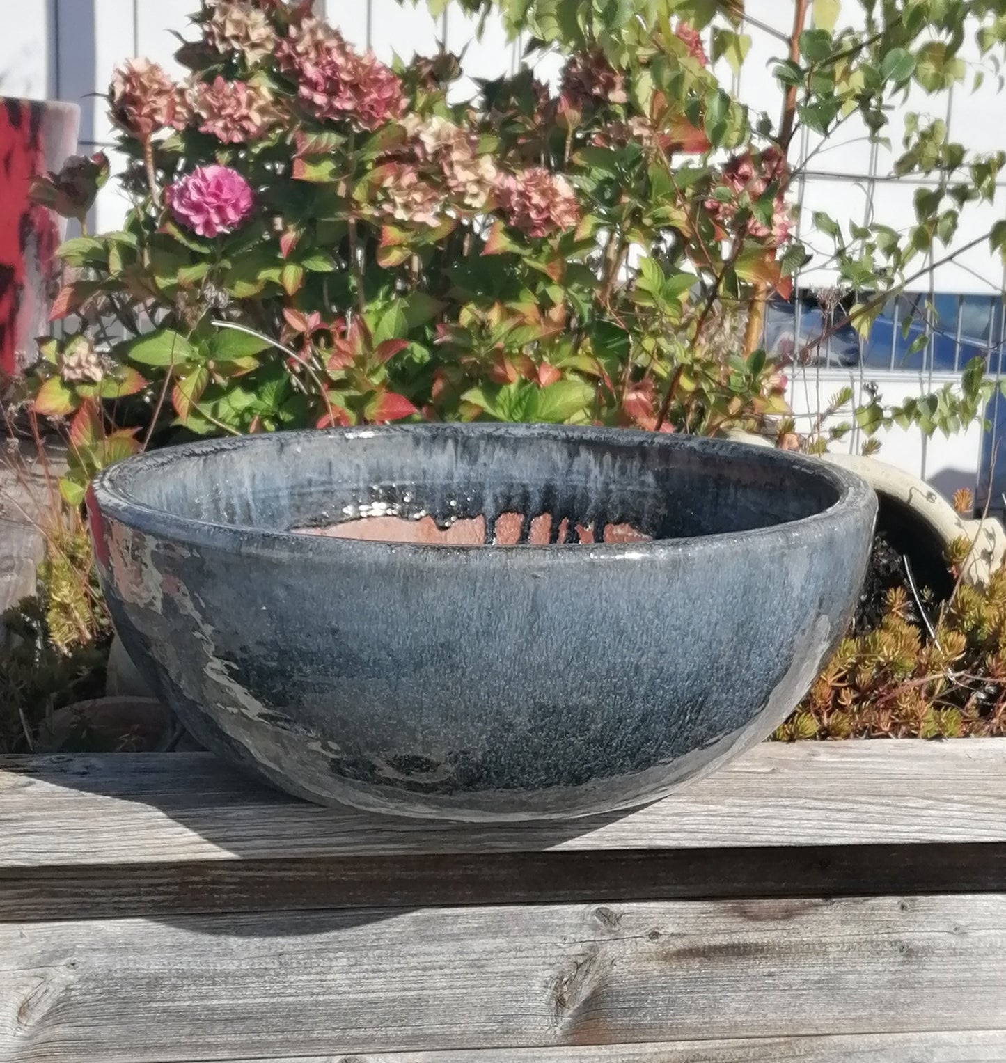 NEU ! B-Ware ! Schöne Schale ø 38 cm aus Steinzeug grau / anthrazit glänzend glasiert  , Pflanztopf Blumenkübel Blumentopf Grabschale Bonsai