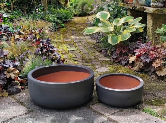 NEU !! 2 er Set Pflanzschalen ø 21 cm +ø 30 cm aus Steinzeug schwarz grau matt / anthrazit glasiert  , Pflanztopf Blumenkübel Blumentopf