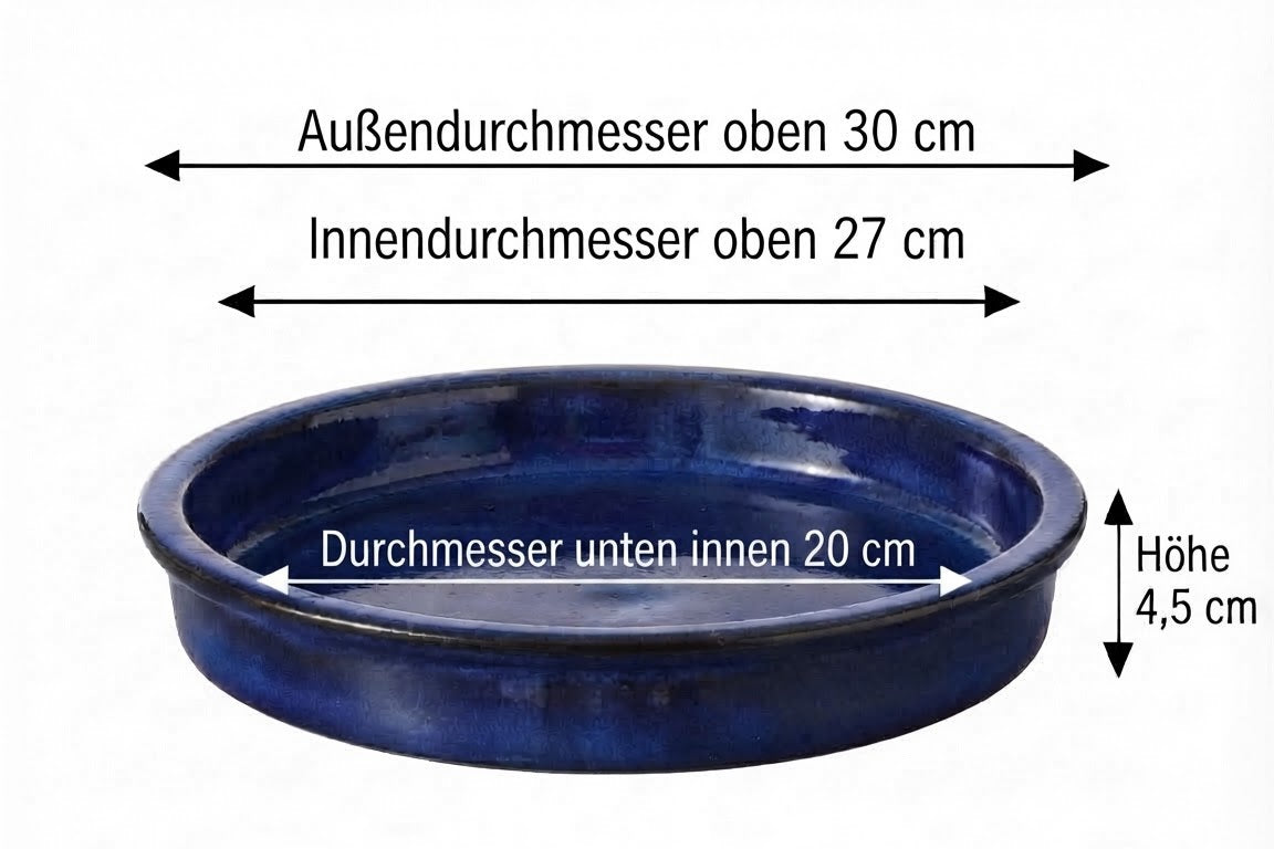 Robuste Pflanztopfuntersetzer , stilvolle Vogeltränke & Vogelfutterschale ø ca. 30 cm in intensivem blau glasiert Insektentränke Vogelbad Garten Blumentopf