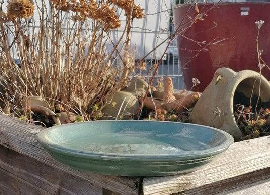 NEU !! Großer winterfester Untersetzer Teller Vogeltränke ø ca. 35 cm aus Keramik grün glänzend glasiert Insektentränke Vogelbad Garten Blumentopf