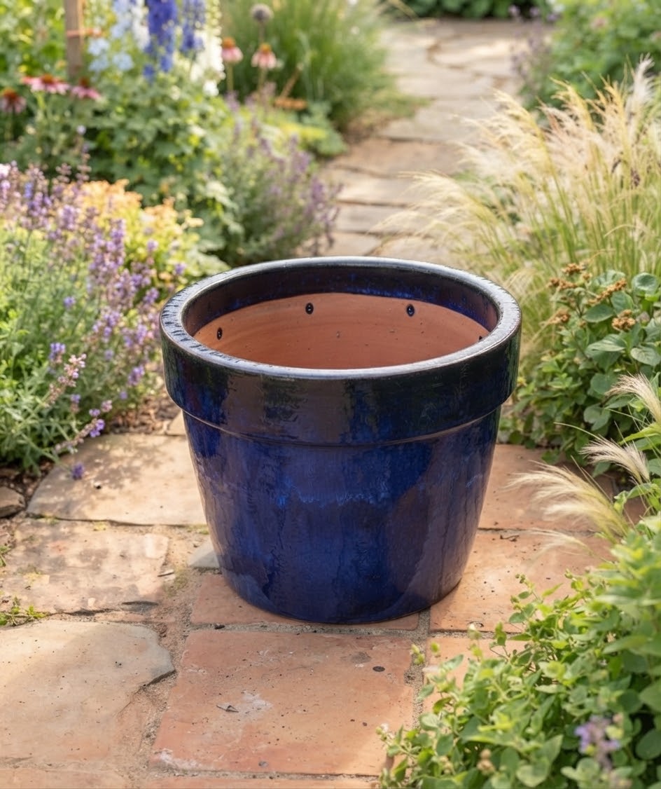 Kleiner Blumentopf winterfest blau glasiert ø ca. 21 cm aus Steinzeug – La Casa