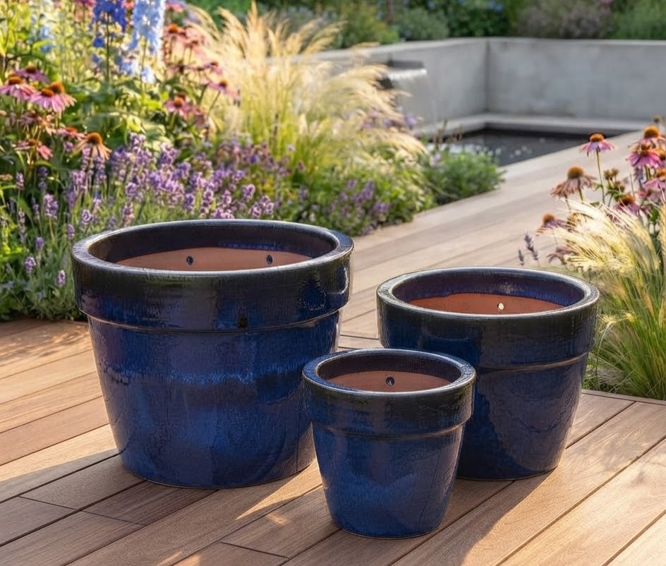 Kleiner Blumentopf winterfest blau glasiert  ø ca. 21 cm aus Steinzeug  Pflanztopf  Blumenkübel