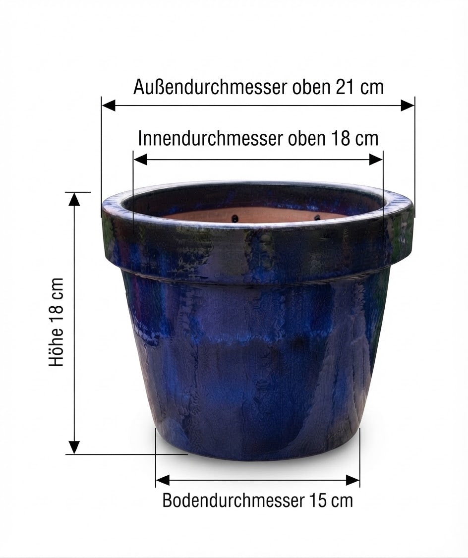 Kleiner Blumentopf winterfest blau glasiert  ø ca. 21 cm aus Steinzeug  Pflanztopf  Blumenkübel