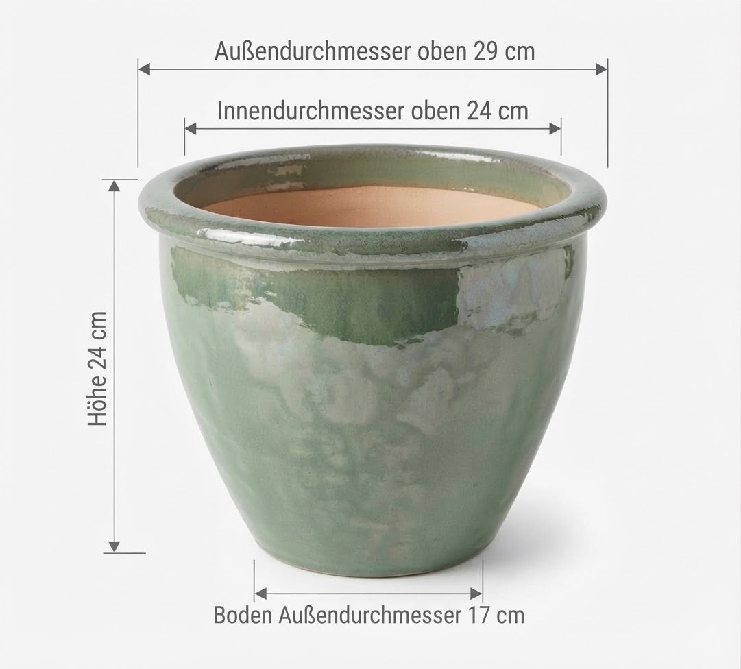 Neu !! Winterfester Blumentopf grün hochglänzend glasiert ø ca. 29 cm – La Casa