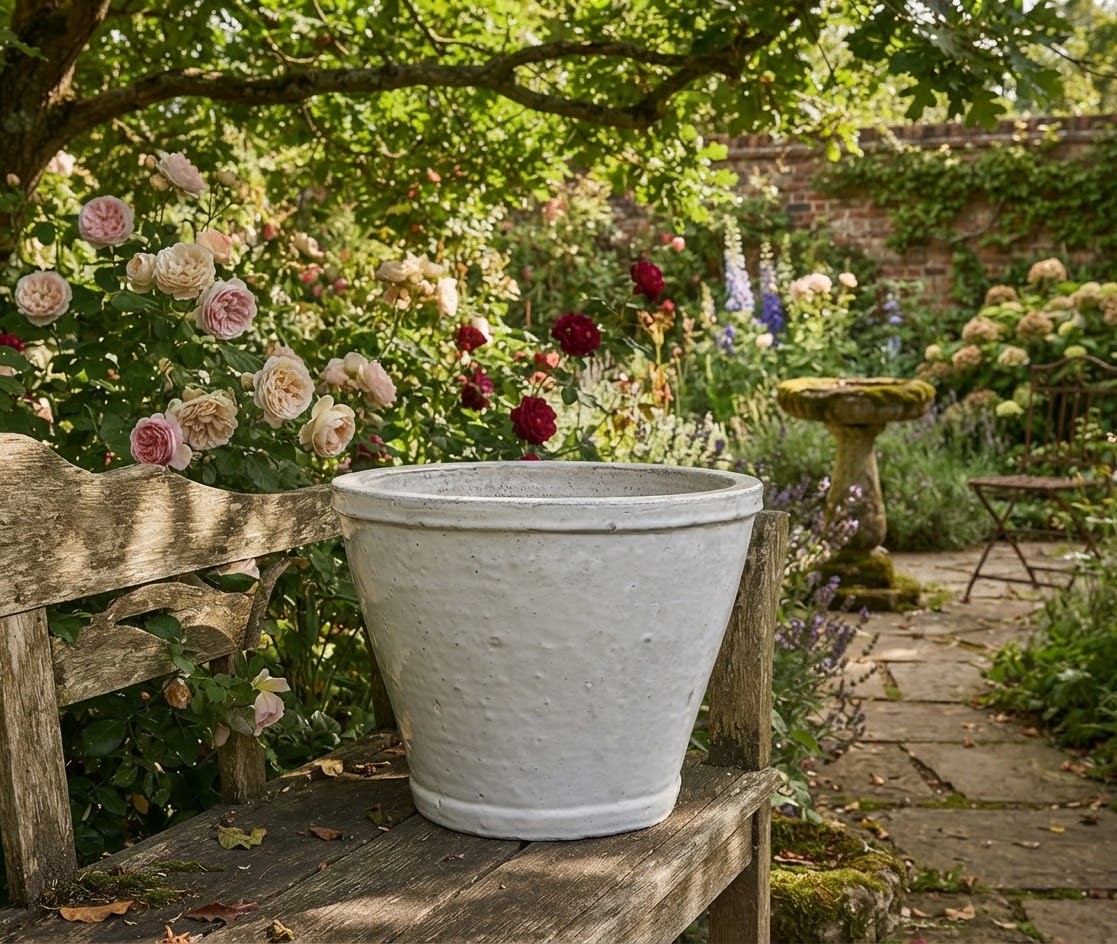 2. Wahl !! Blumentopf winterfest weißgrau glasiert  ø ca. 34 cm aus Steinzeug Pflanztopf, Blumenkübel , Übertopf