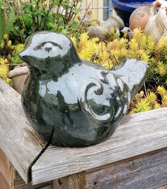 NEU !! 2. Wahl ! Vogel aus frostfesten Steinzeug dunkelgrün glasiert ca. 16 cm lang Deko Garten Spatz Figur Taube