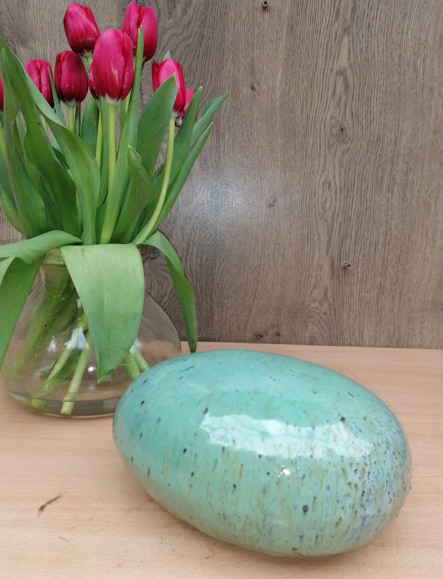 NEU !! Stein Ei Kugel oval aus frostfesten doppelt glasierten Steinzeug türkis ca. 20 cm lang  Dekoration
