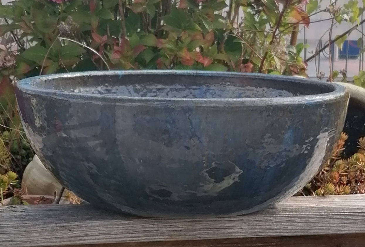 NEU ! B-Ware ! Schöne Schale ø 38 cm aus Steinzeug blaugrau glänzend glasiert  , Pflanztopf Blumenkübel Blumentopf Grabschale Bonsai