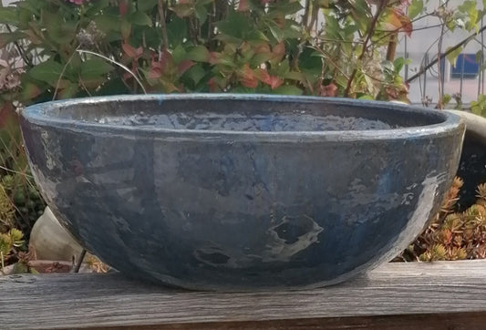 NEU ! B-Ware ! Schöne Schale ø 38 cm aus Steinzeug blaugrau glänzend glasiert , Pflanztopf Blumenkübel Blumentopf Grabschale Bonsai