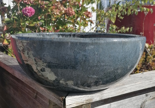NEU ! B-Ware ! Schöne Schale ø 38 cm aus Steinzeug grau / anthrazit glänzend glasiert  , Pflanztopf Blumenkübel Blumentopf Grabschale Bonsai