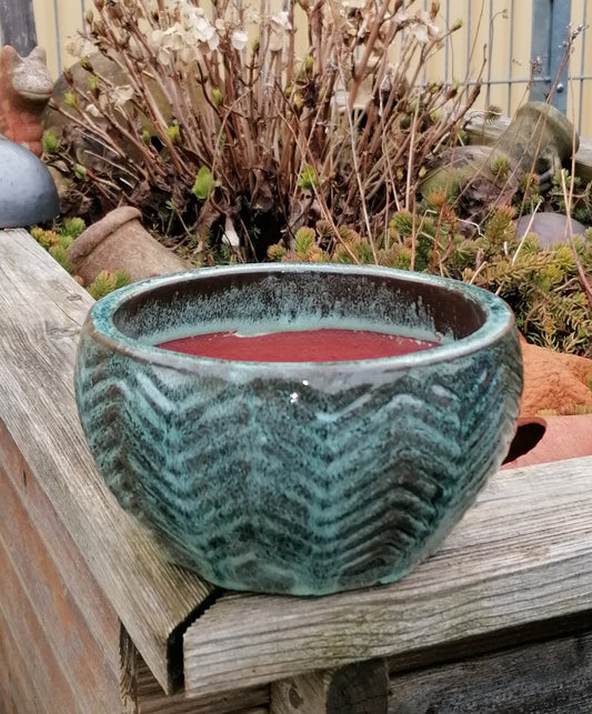 NEU !! Kleine Pflanzschale mit Dekor ø ca. 17 cm aus winterfesten Steinzeug grünschwarz glasiert  Pflanztopf, Blumenkübel