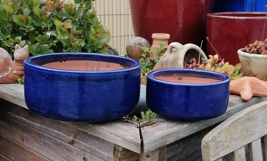 NEU !! 2 er Set Pflanzschalen ø 21 cm +ø 30 cm aus Steinzeug blau glasiert , Pflanztopf Blumenkübel Blumentopf