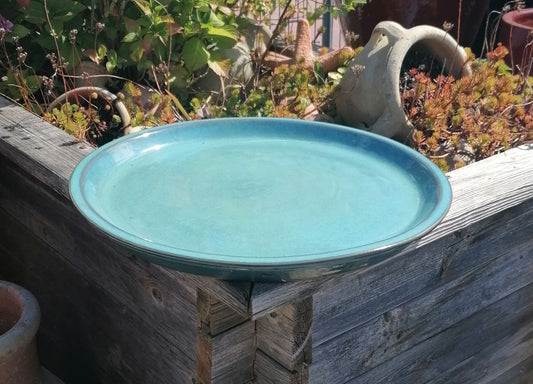 B-WARE !! Großer winterfester Untersetzer Teller Vogeltränke ø ca. 43 cm aus Keramik türkis glänzend glasiert Insektentränke Vogelbad Garten Blumentopf