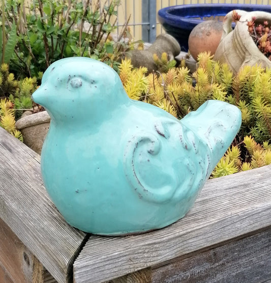 NEU !! 2. Wahl ! Vogel aus frostfesten Steinzeug türkis glasiert ca. 21 cm lang Deko Garten Spatz Figur Taube