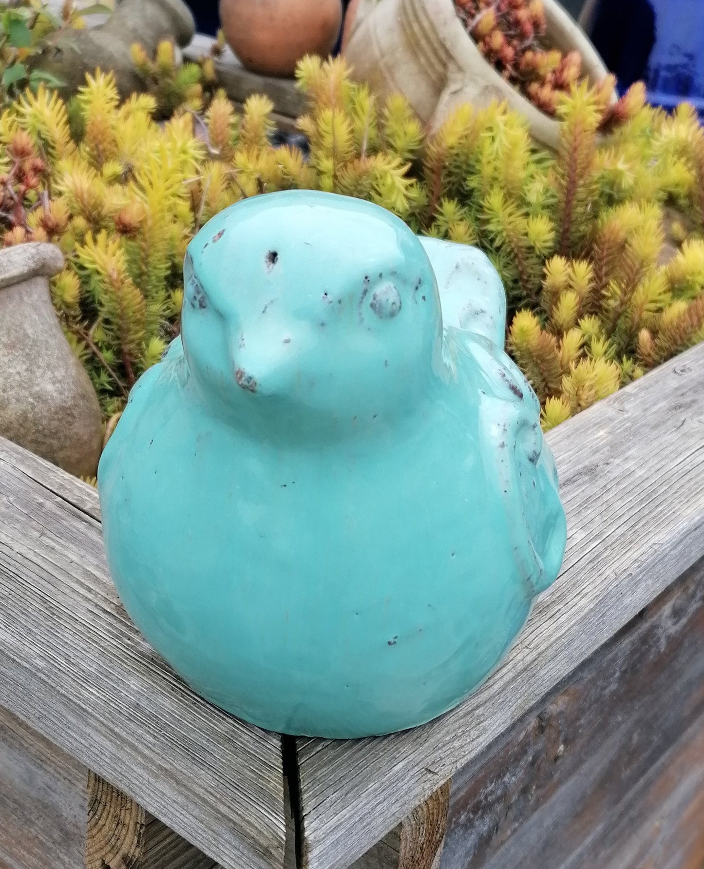 NEU !! 2. Wahl ! Vogel aus frostfesten Steinzeug türkis glasiert ca. 21 cm lang Deko Garten Spatz Figur Taube