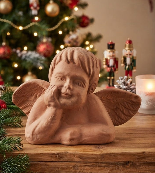 Engel mit Flügeln 30 cm breit aus Terracotta / Terrakotta Putte Engelskopf Statue Grab Trauer Beerdigung