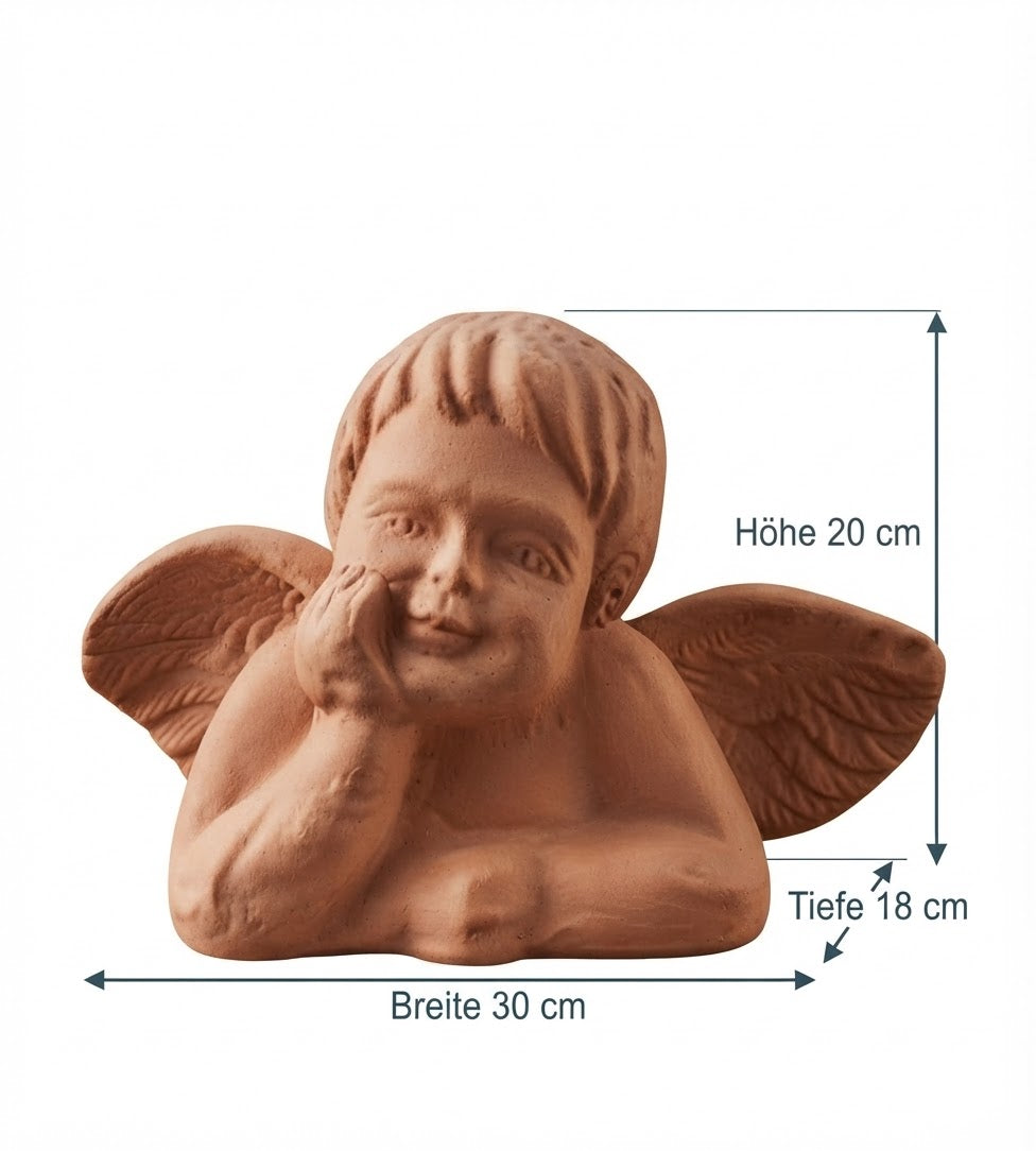 Engel mit Flügeln 30 cm breit aus Terracotta / Terrakotta Putte Engelskopf Statue Grab Trauer Beerdigung