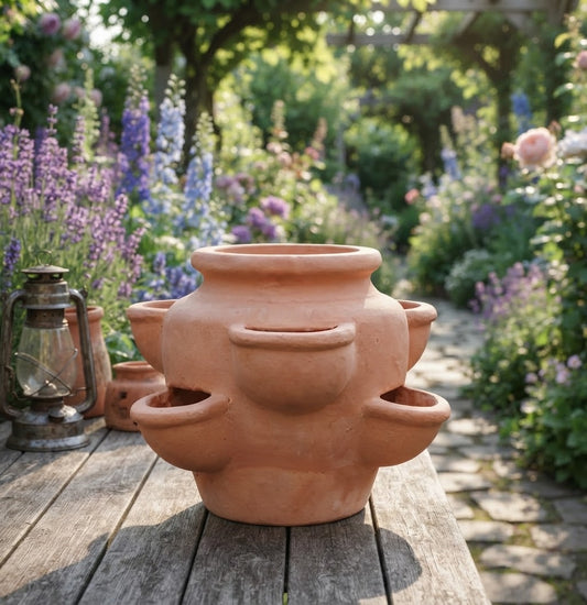 Neu !! Schöner großer Erdbeertopf / Kräutertopf ca. 28 cm hoch aus rotem Terracotta mit 6 Pflanzkammern Terrakotta mediterran Kakteen Sukkulenten