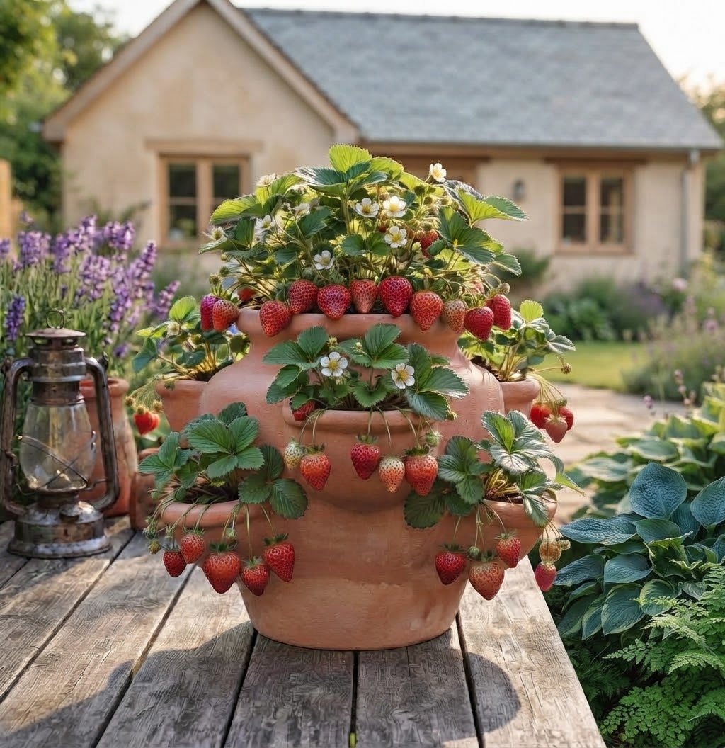 Neu !! Schöner großer Erdbeertopf / Kräutertopf ca. 28 cm hoch aus rotem Terracotta mit 6 Pflanzkammern Terrakotta mediterran Kakteen Sukkulenten