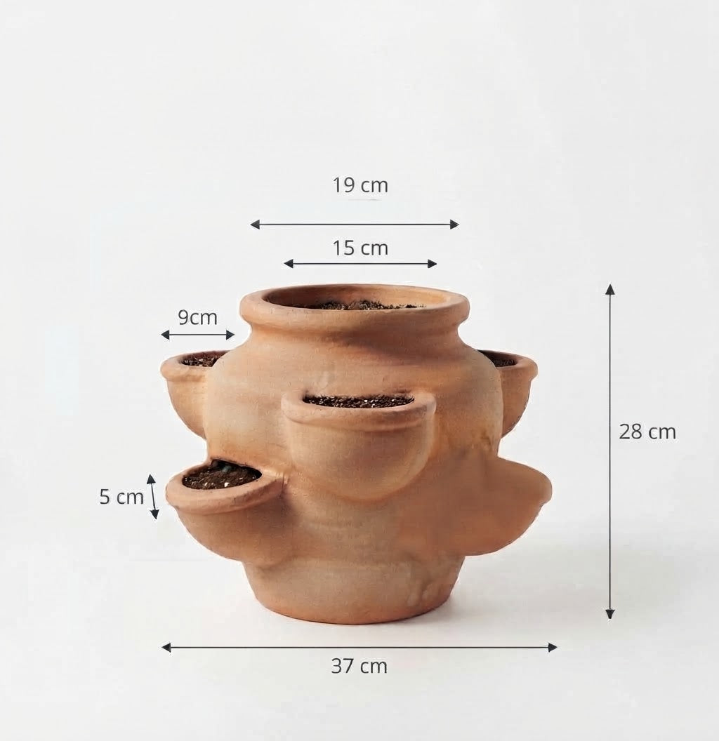Neu !! Schöner großer Erdbeertopf / Kräutertopf ca. 28 cm hoch aus rotem Terracotta mit 6 Pflanzkammern Terrakotta mediterran Kakteen Sukkulenten