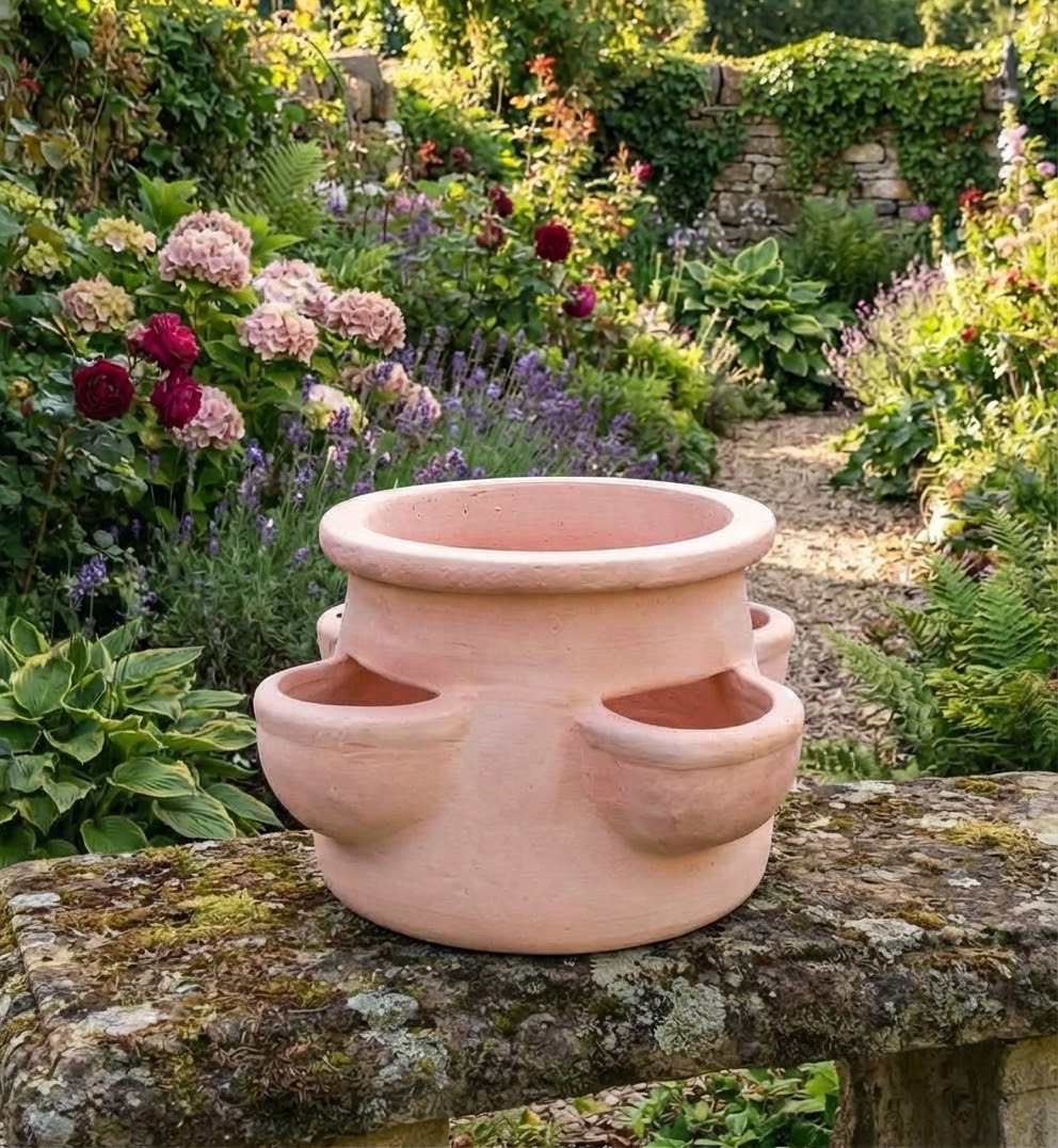 Neu !! Schöner Erdbeertopf / Kräutertopf ca. 20 cm hoch aus rotem Terracotta mit 4 Pflanzkammern Terrakotta mediterran Kakteen Sukkulenten