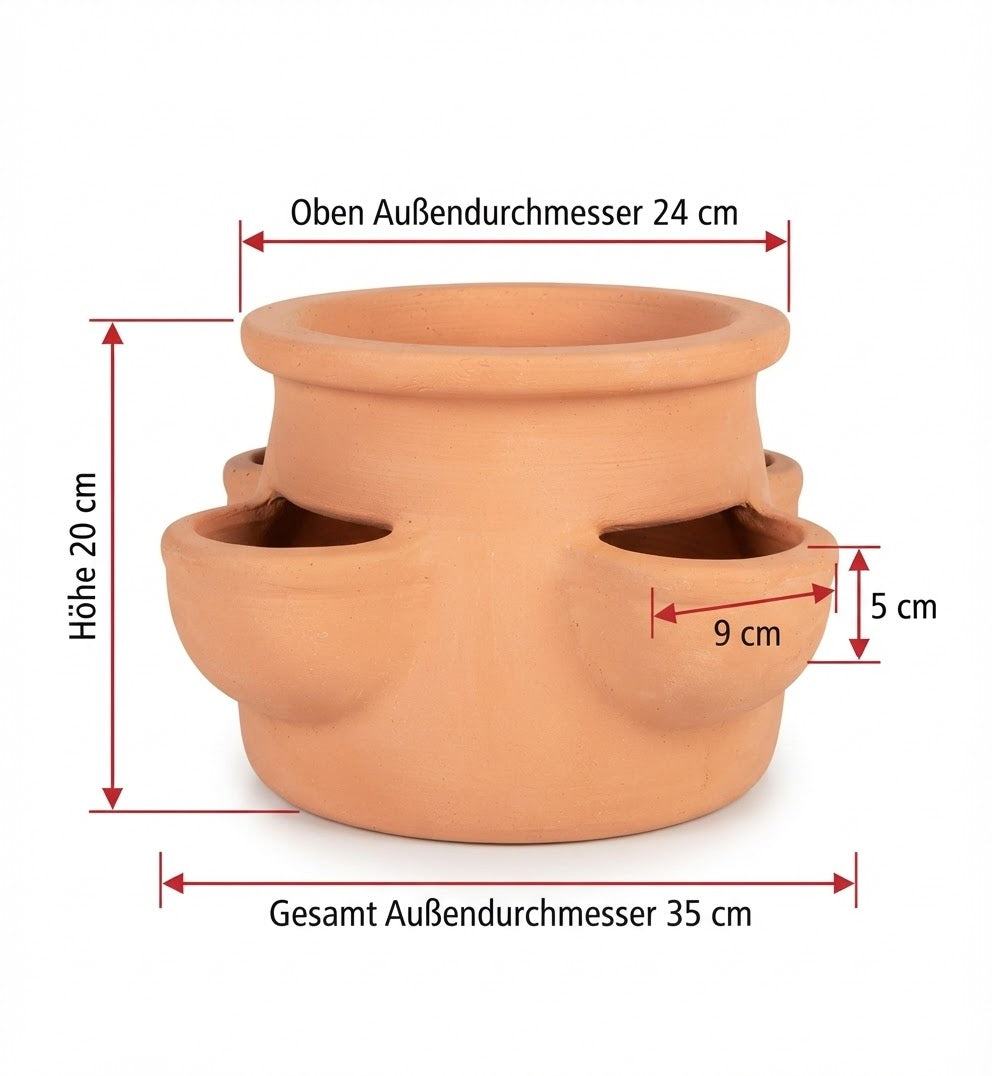 Neu !! Schöner Erdbeertopf / Kräutertopf ca. 20 cm hoch aus rotem Terracotta mit 4 Pflanzkammern Terrakotta mediterran Kakteen Sukkulenten