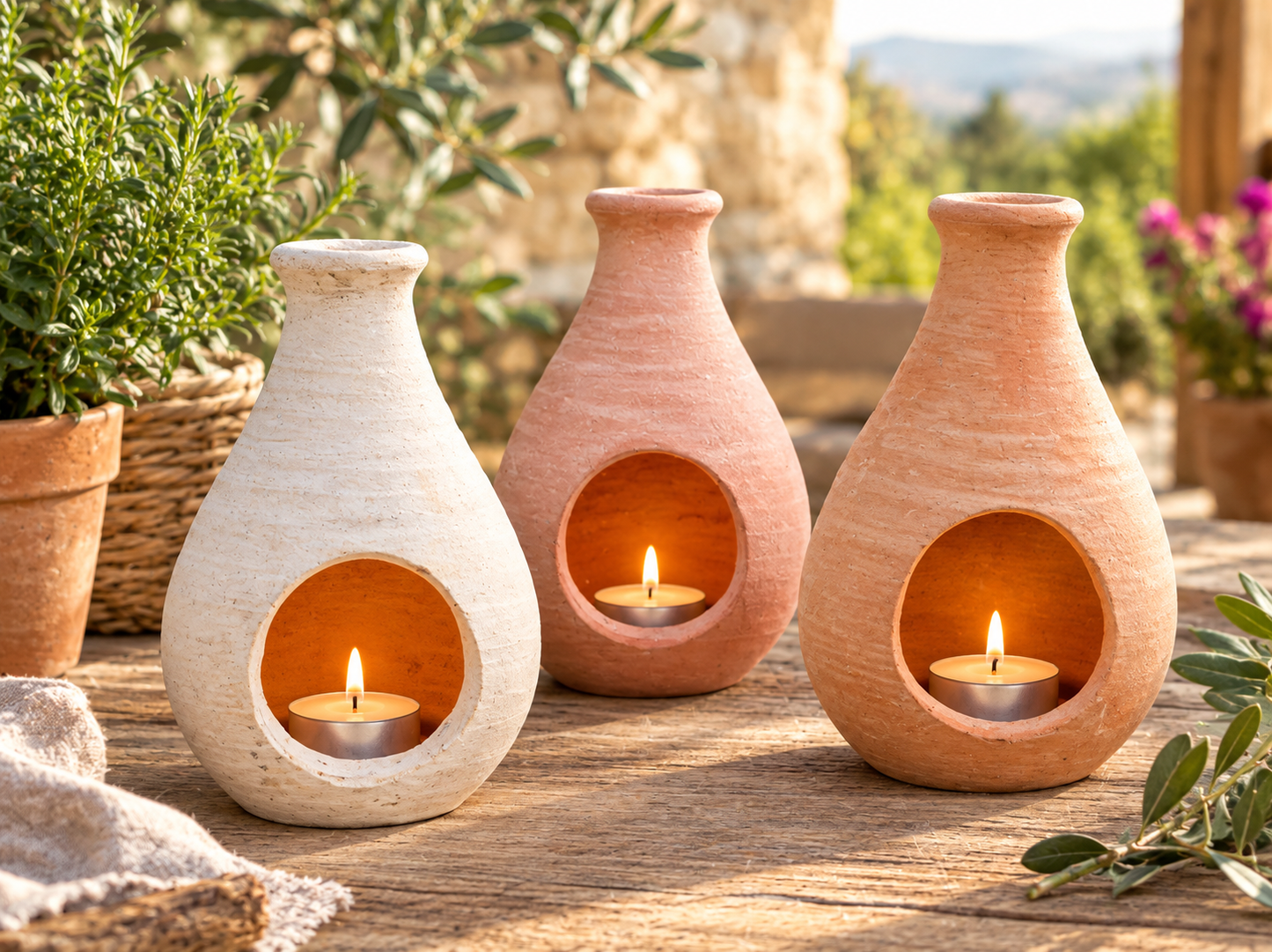 Neu !! 3er Set Teelichthalter je ca. 17 cm hoch aus Terracotta, Terrakotta , Kerzenlicht